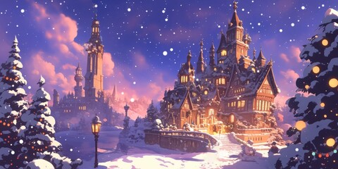 Fototapeta premium Enchanting Anime Christmas Wonderland: Festive Cartoon Castle in Snowy Dreamscape. Whimsical Holiday Scene with Rich Details for 2025 Marketing, UI Design, and Manga-inspired Projects. Minimalist Comp