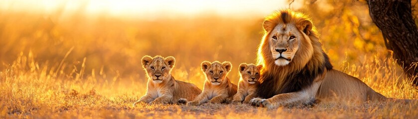 Fototapeta premium A majestic lion and its playful cubs resting in golden grass during sunset, showcasing the beauty of wildlife and family bonds.