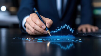 Businessman hand-writing a stock market graph on a digital screen, a financial data and global business concept. The businessman is using a pen to write a line of growth in trading technology with a b