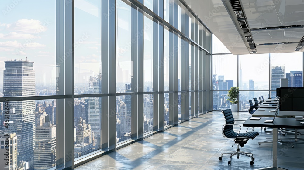 Poster a large office building with a view of the city