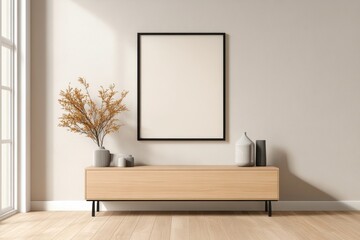 Minimalist Frame Mockup in Modern Dining Room Above Sideboard with Decor Items