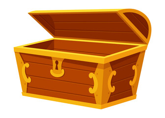Chest. Game wooden antique box. Empty old wooden chest for gold treasure. Cartoon ancient container for pirates isolated  icon on white