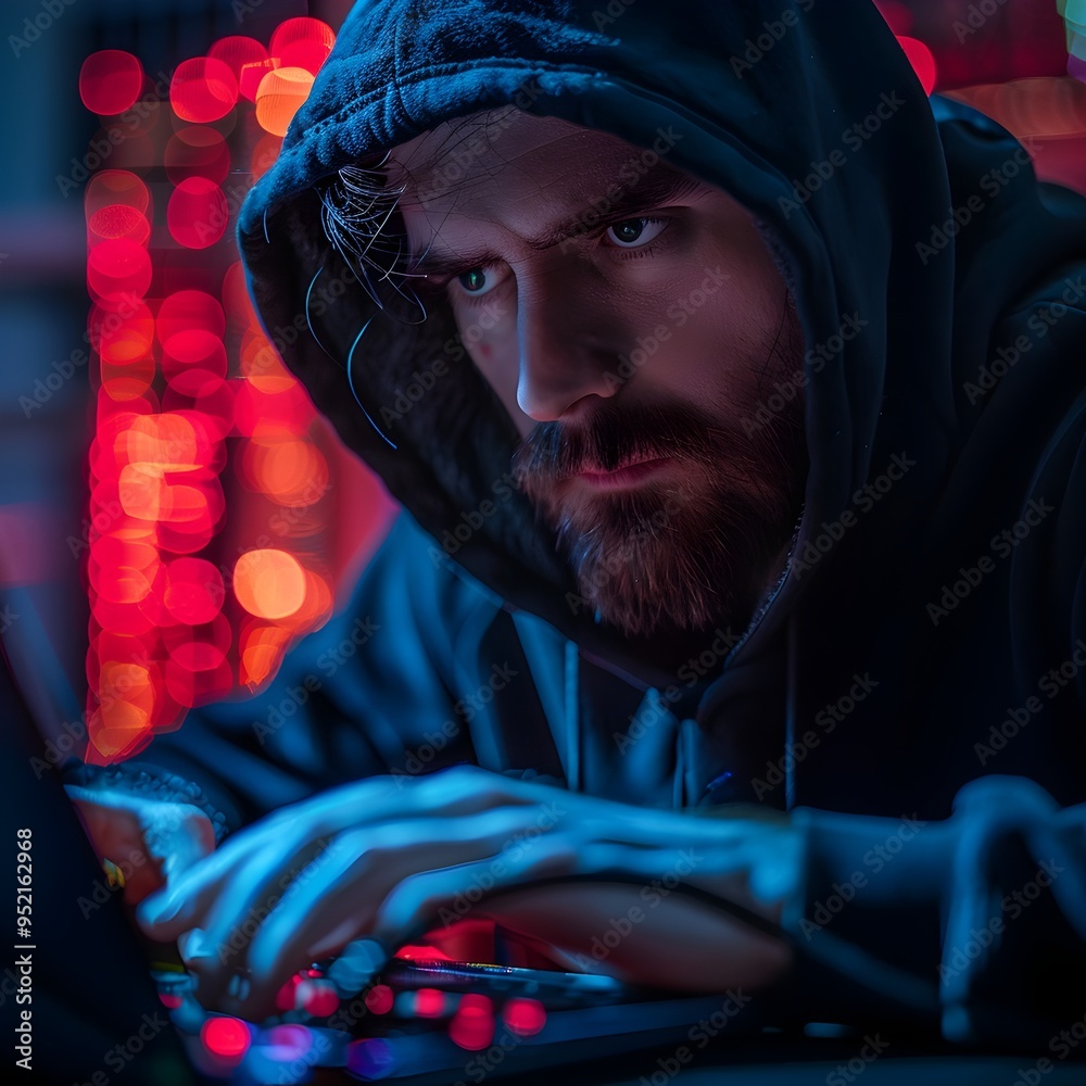 Poster hacker counteracting malicious cyber attack with intense focus and precision