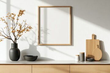 Modern Kitchen Frame Mockup with Wooden Frame and Kitchen Tools on Sleek Countertop