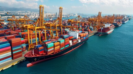 Obraz premium Cargo Ship at Container Terminal Busy Harbor Maritime Trade Logistics Export Import