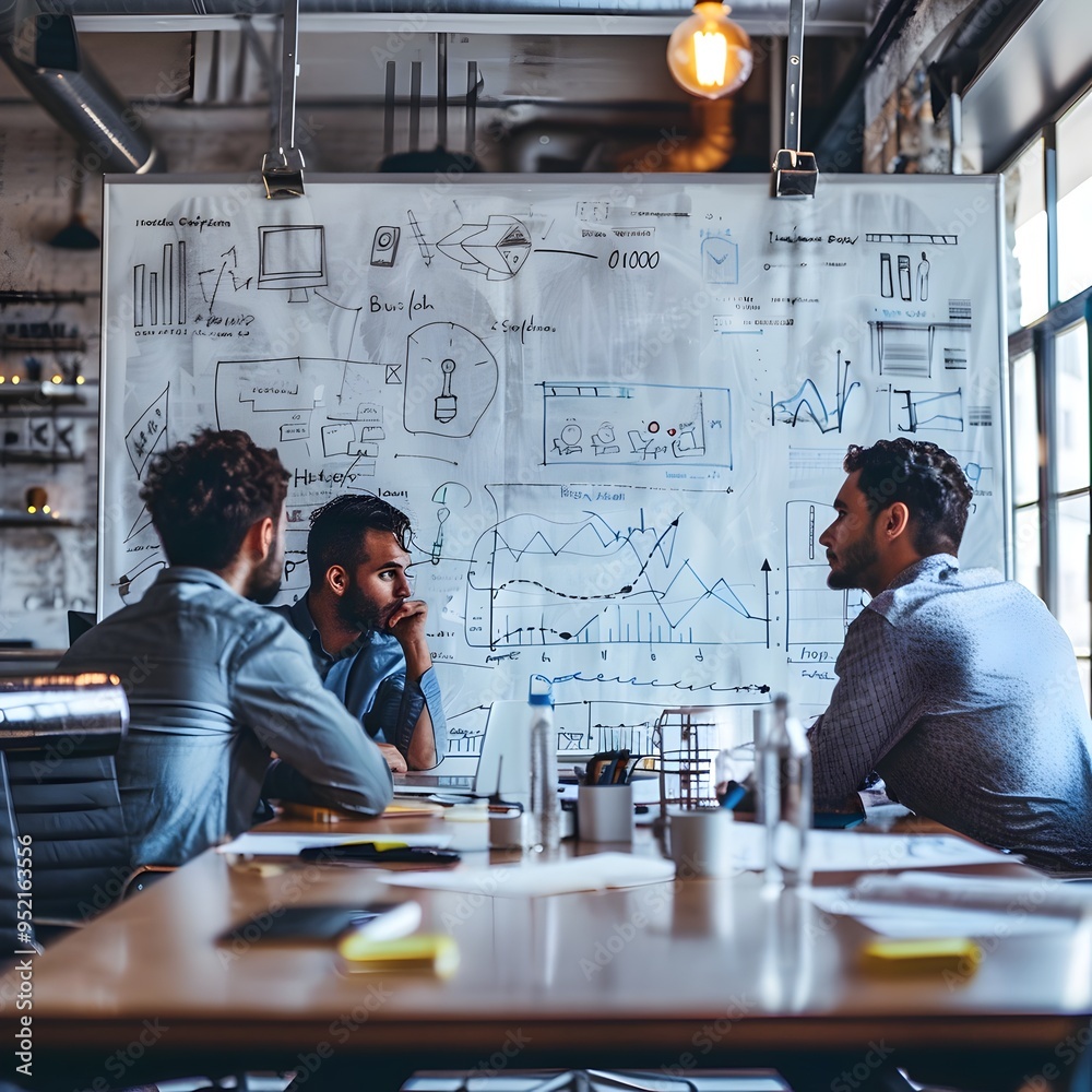 Wall mural business executives strategizing in an office boardroom whiteboard filled with innovative growth pla