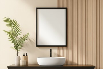 Obraz premium Minimalist Frame Mockup in Contemporary Bathroom with Modern Vanity and Plant Decor