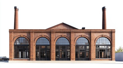A historic brick building featuring large arched windows and smokestacks, likely industrial.
