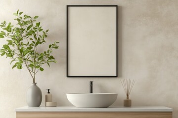 Fototapeta premium Modern Bathroom Interior Close-Up Frame Mockup with Black Frame, Floating Vanity, and Plant