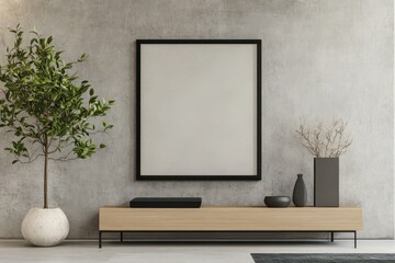 Modern Frame Mockup on Concrete Accent Wall in Stylish Living Room Setting