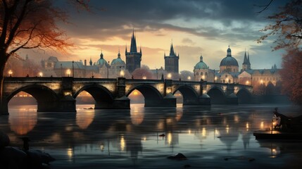 Fototapeta premium Classic view of Prague at Twilight, panorama of Bridges 