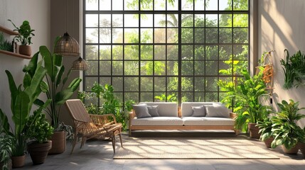 A Sunlit Room Filled with Plants, Inviting Tranquility and Natural Beauty
