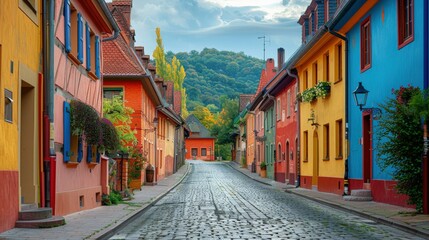 Fototapeta premium Colorful Houses Cobblestone Street European Town