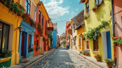 Fototapeta premium Colorful Old Town Street with Cobblestone Road and Flower Pots