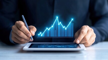 Businessman using a tablet with a glowing upward graph of stock market growth on the screen and holding a pen for a business plan or financial concept. 