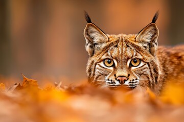 Obraz premium A majestic lynx prowls through colorful autumn leaves, showcasing its captivating gaze and striking fur patterns.