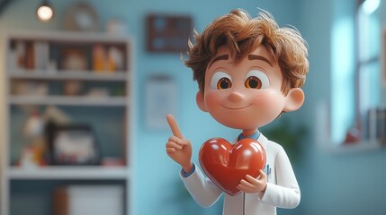 3D render of a cartoon cardiologist character giving a thumbs up while holding a 3D heart symbol, isolated on a blue background, representing a medical application concept.