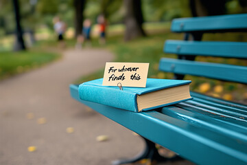a blue hardcover book placed on a park bench, with a sticky note attached to the cover reading "For whoever finds this." Mystery, discovery, and random acts of kindness.