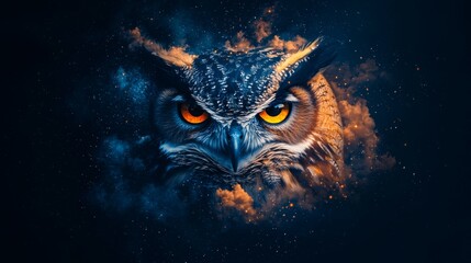 A majestic owl gazing intensely, showcasing vibrant colors and distinctive features against a dark, artistic background.