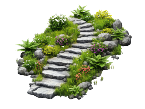Stone pathway surrounded by greenery and flowers in a serene setting, transparent
