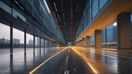 Close up clean empty road on modern office of city building buildings