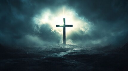 Fototapeta premium Dramatic image showing a religious church cross framed against a moody sky that is beginning to open and pierce light through behind the cross, showing the Lord's presence. generative ai