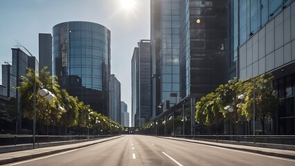 Obraz premium Close up clean empty road on modern office of city building buildings