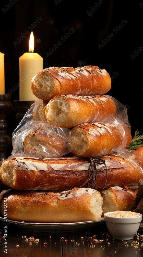 Wall mural classical french bakery baguette or bread loafs with candle and classical setup 