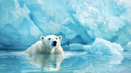 Naklejka premium A majestic polar bear swimming in icy blue waters, surrounded by stunning glaciers, showcasing the beauty of the Arctic environment.