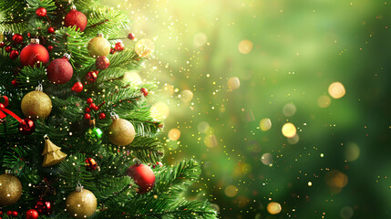 Christmas tree decorated with red and gold ornaments shining on a green background with lights and snowflakes