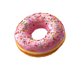 Delicious pink frosted donut with colorful sprinkles on display, transparent
