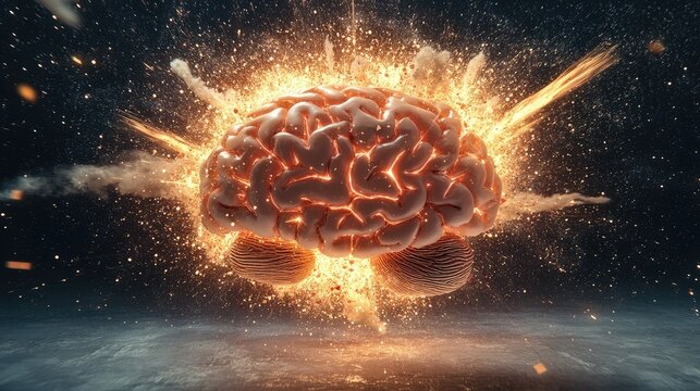Concept art of a human brain exploding with knowledge and creativity 