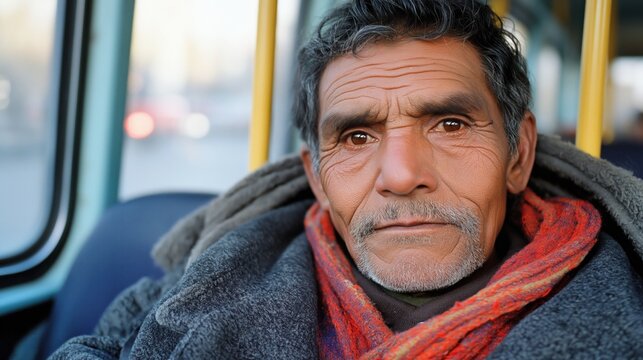 A man in a warm scarf gazes thoughtfully while riding on public transportation