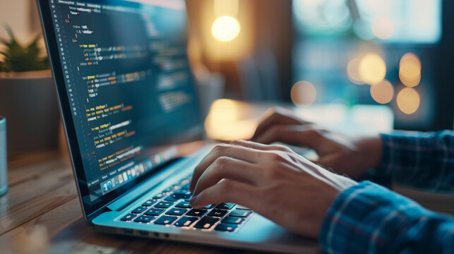 Close-up of a man&acirc;s hands typing on a laptop keyboard, with code or a document displayed on the screen.