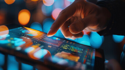Fototapeta premium Close-up of a manâs hand using a tablet, swiping through data or images, with the screen in focus.