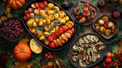 Fototapeta premium Autumn feast with roasted vegetables and seasonal fruits, colorful dishes surrounded by fall leaves, creating a warm and festive atmosphere.