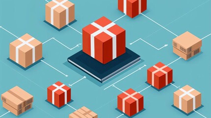 Colorful gift boxes arranged in a network, showcasing a festive concept for delivery and celebration.