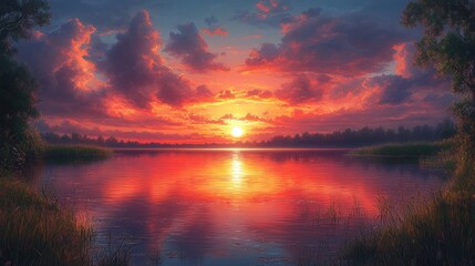 Obraz premium Sunset over a tranquil lake