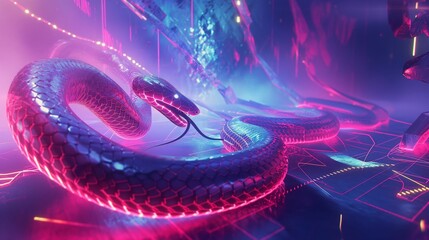 Image of a digital winding snake that bright neon shades.