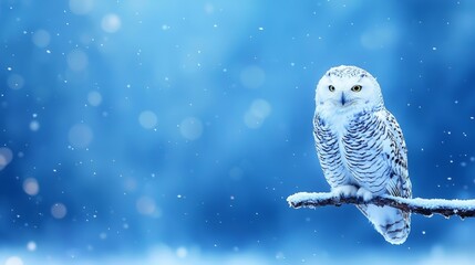 A majestic snowy owl perched on a branch amidst a serene winter landscape filled with softly falling snowflakes.