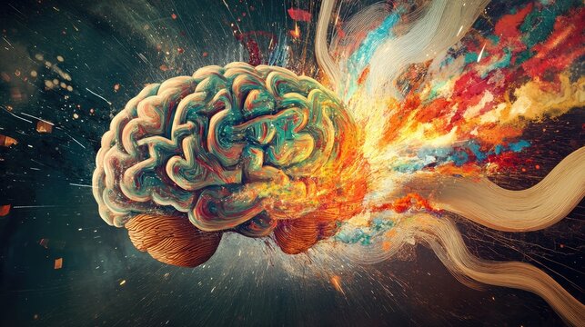 Concept art of a human brain exploding with knowledge and creativity 