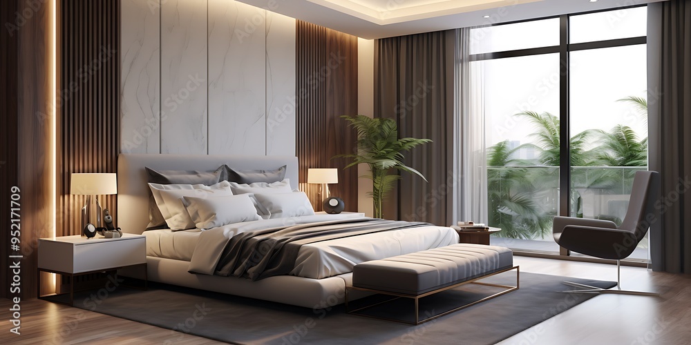 Wall mural A luxurious Chandigarh bedroom featuring contemporary design with warm lighting and minimalist decor.