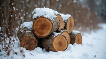 Stack of firewood logs covered in snow in a winter garden