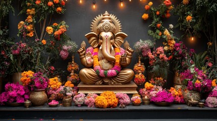 Fototapeta premium Majestic Ganesha Statue with Vibrant Festival Decorations