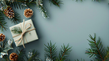 Festive christmas gift box surrounded by pine branches, cones, and snow on a beautiful blue table