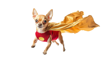 Adorable chihuahua dressed in a superhero costume with a flowing cape, looking confident and ready for action on a white background.