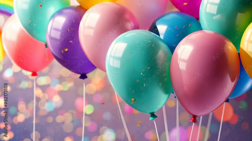 Poster A bunch of colorful balloons are floating in the air. The balloons are of different colors and sizes, creating a vibrant and lively atmosphere. Concept of celebration and joy