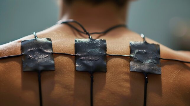 A close-up of a person's back,with black medical electrode pads attached to the skin