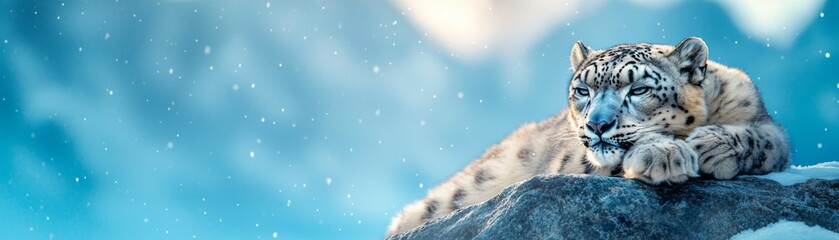 A majestic snow leopard rests on a rock, surrounded by a serene snowy landscape, showcasing its beauty and elegance in the wild.