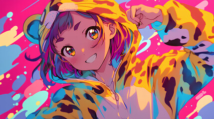 cute tiger character wearing anime onesie costume, anime style, cute kawaii, simple, smiling happy. neon psychedelic background